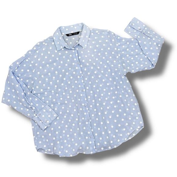 Zara Gauze Embroidered Polka Dot Button Up Shirt Blue White Large - Picture 11 of 12